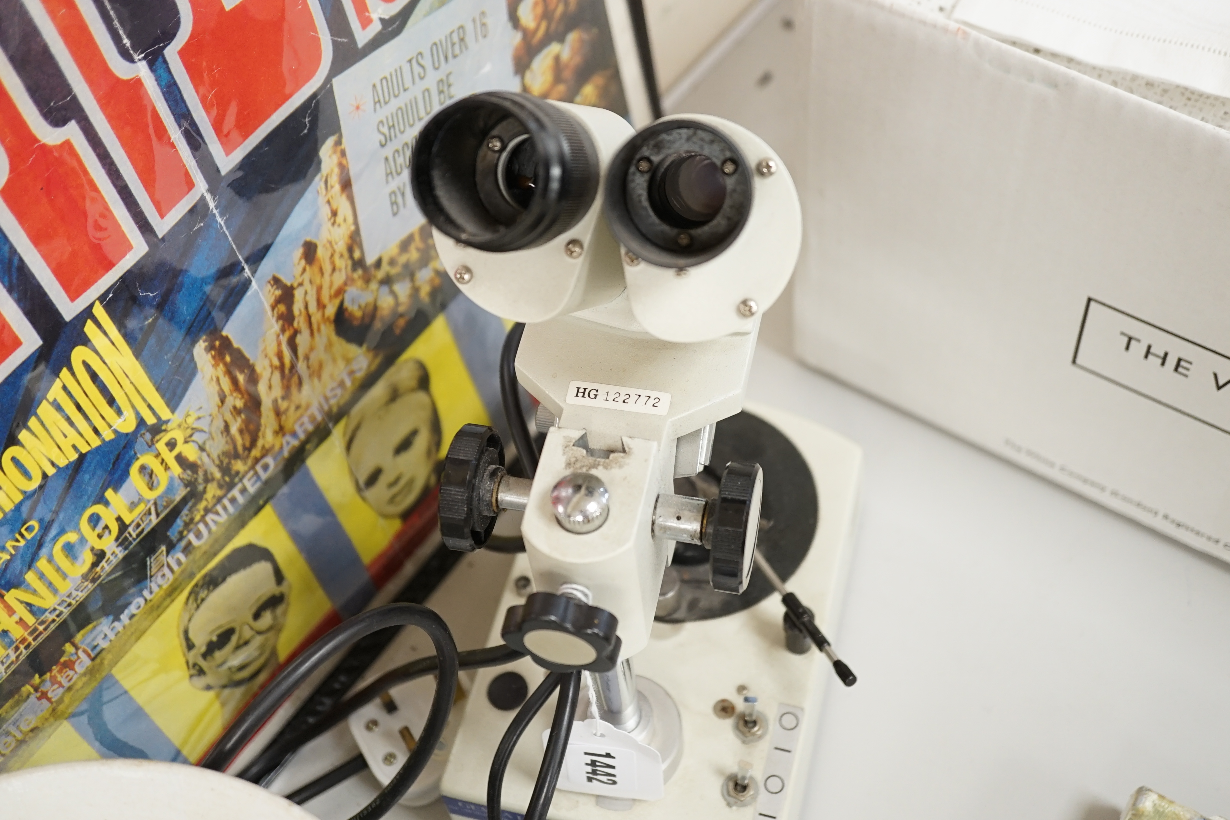 A Gem A Instruments binocular microscope, 31cm high. Condition - fair with some wear and possible parts missing.